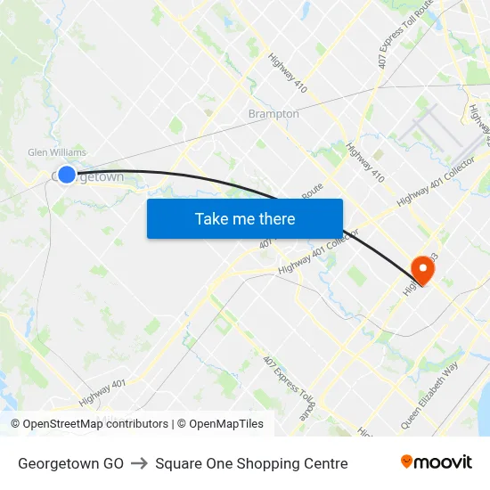 Georgetown GO to Square One Shopping Centre map
