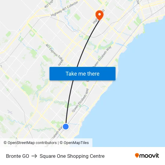 Bronte GO to Square One Shopping Centre map