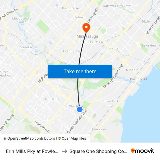 Erin Mills Pky at Fowler Dr to Square One Shopping Centre map
