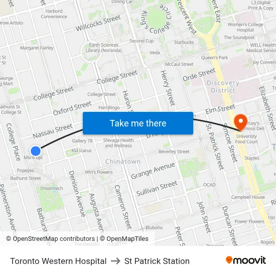 Toronto Western Hospital to St Patrick Station map