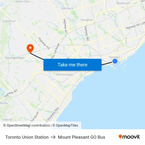 Toronto Union Station to Mount Pleasant GO Bus map
