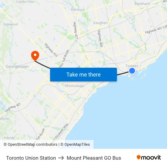 Toronto Union Station to Mount Pleasant GO Bus map