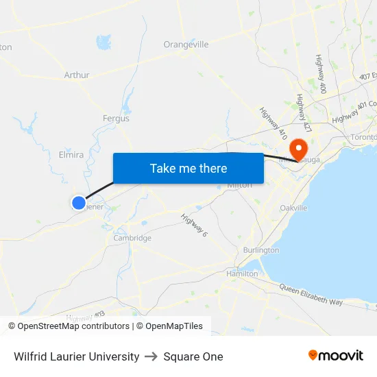 Wilfrid Laurier University to Square One map