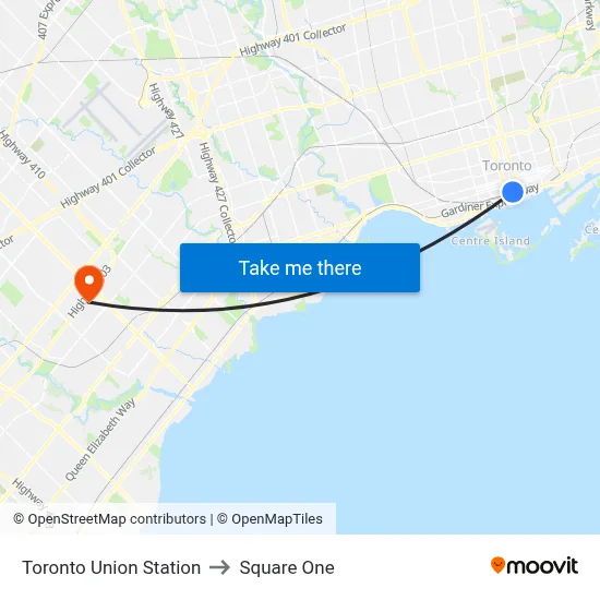 Toronto Union Station to Square One map