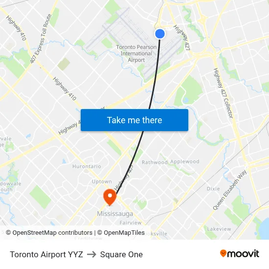 Toronto Airport YYZ to Square One map