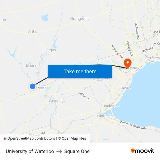 University of Waterloo to Square One map