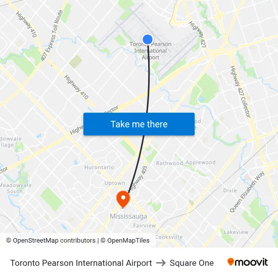 Toronto Pearson International Airport to Square One map