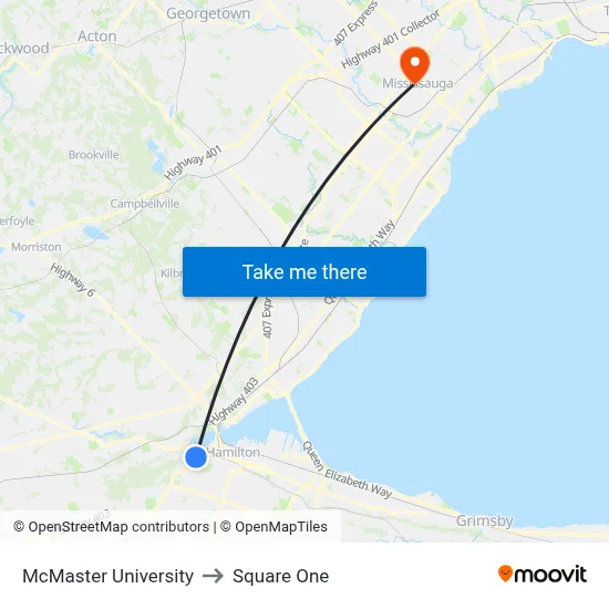 McMaster University, 1280 Main St W to Square One map