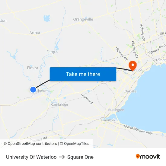 University Of Waterloo to Square One map