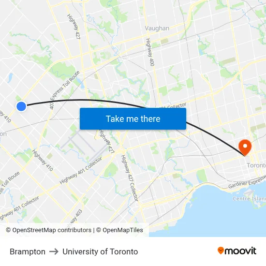 Brampton to University of Toronto map