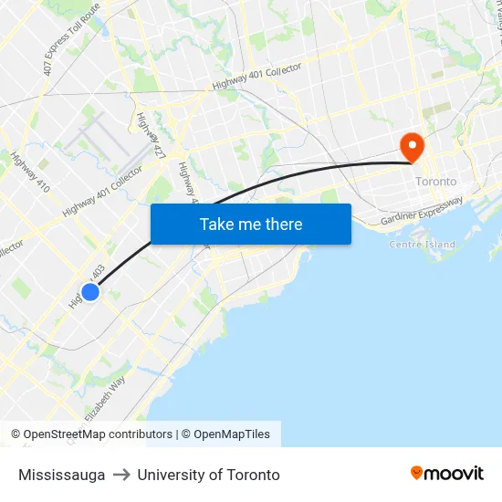 Mississauga to University of Toronto map
