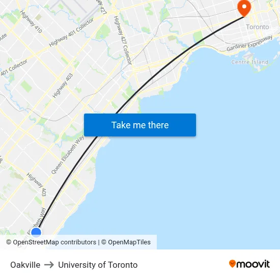 Oakville to University of Toronto map