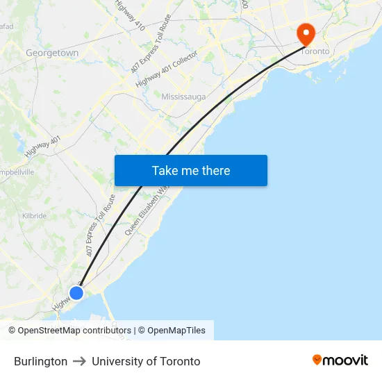 Burlington to University of Toronto map
