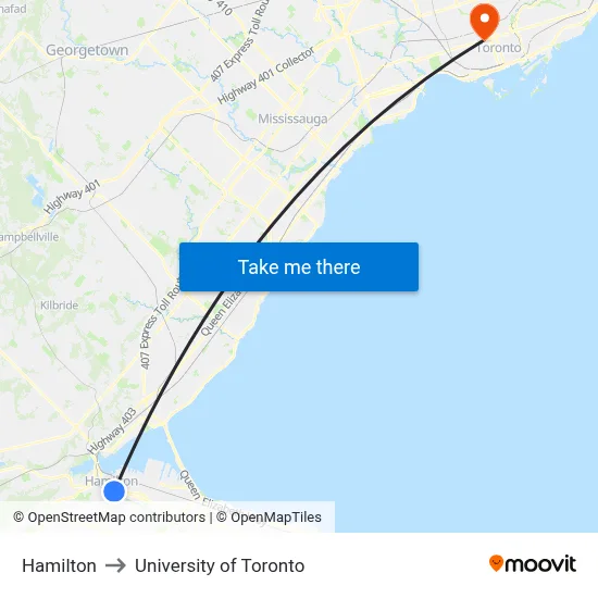 Hamilton to University of Toronto map