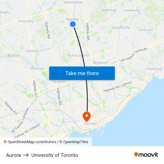 Aurora to University of Toronto map