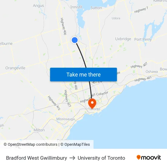Bradford West Gwillimbury to University of Toronto map