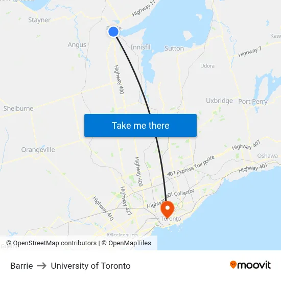 Barrie to University of Toronto map