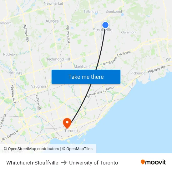 Whitchurch-Stouffville to University of Toronto map