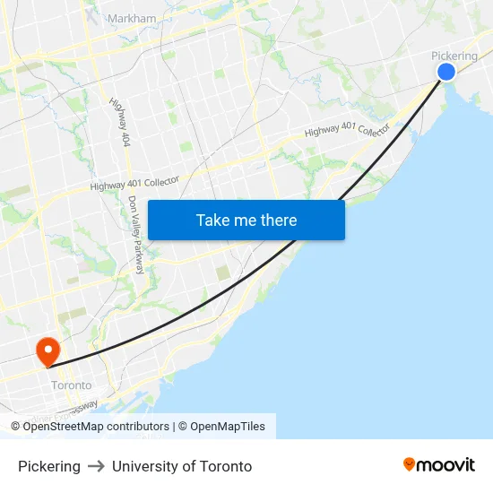 Pickering to University of Toronto map