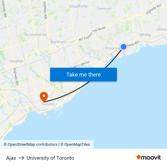 Ajax to University of Toronto map