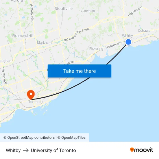 Whitby to University of Toronto map