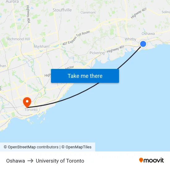 Oshawa to University of Toronto map