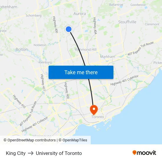 King City to University of Toronto map