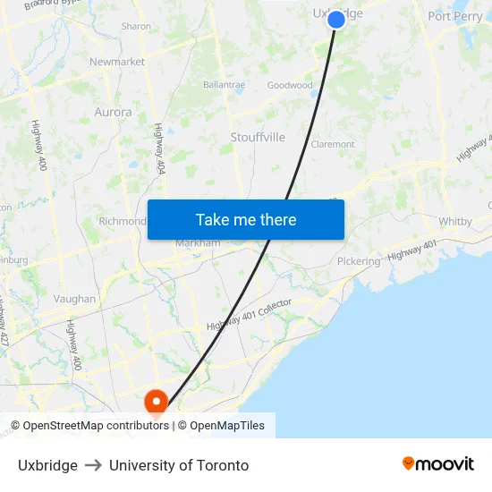 Uxbridge to University of Toronto map