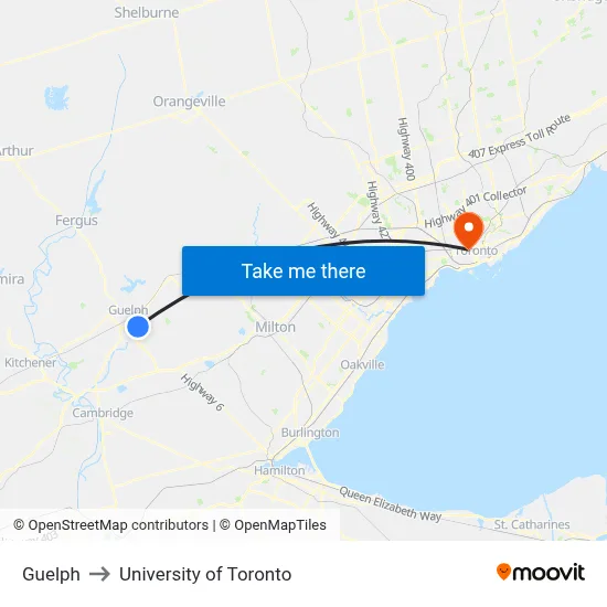 Guelph to University of Toronto map