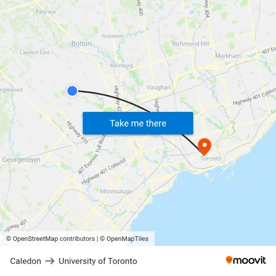 Caledon to University of Toronto map
