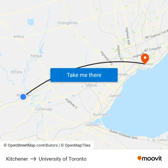 Kitchener to University of Toronto map