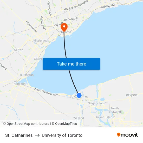St. Catharines to University of Toronto map