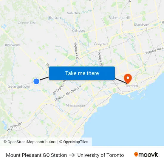 Mount Pleasant GO Station to University of Toronto map