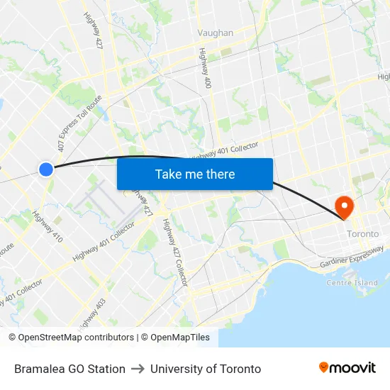 Bramalea GO Station to University of Toronto map