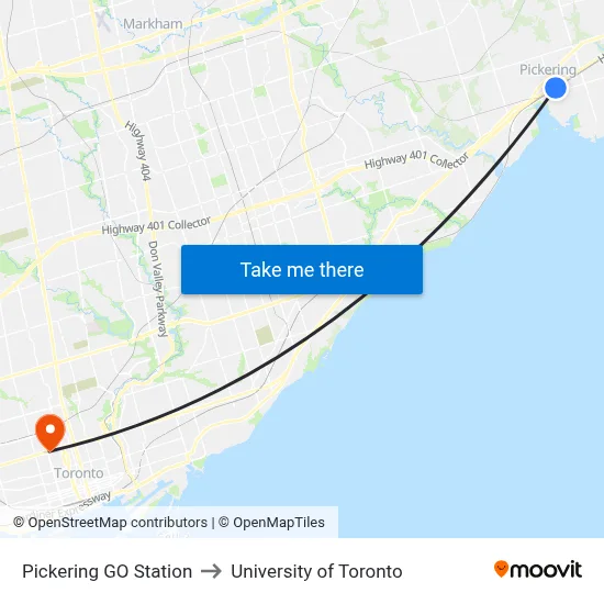 Pickering GO Station to University of Toronto map