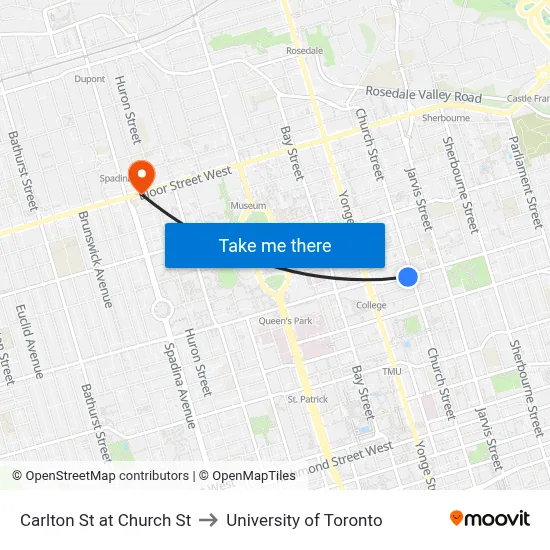 Carlton St at Church St to University of Toronto map