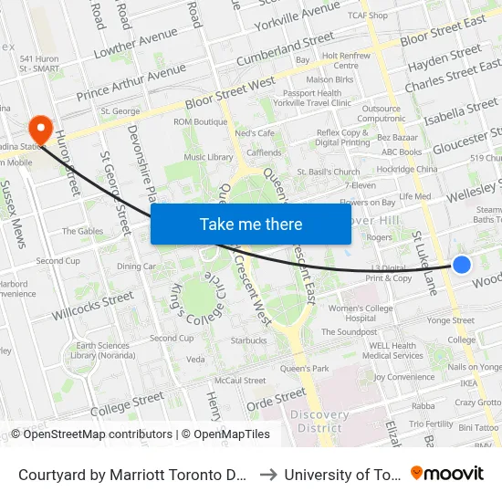 Courtyard by Marriott Toronto Downtown to University of Toronto map