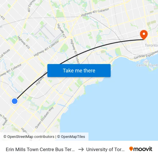 Erin Mills Town Centre Bus Terminal to University of Toronto map