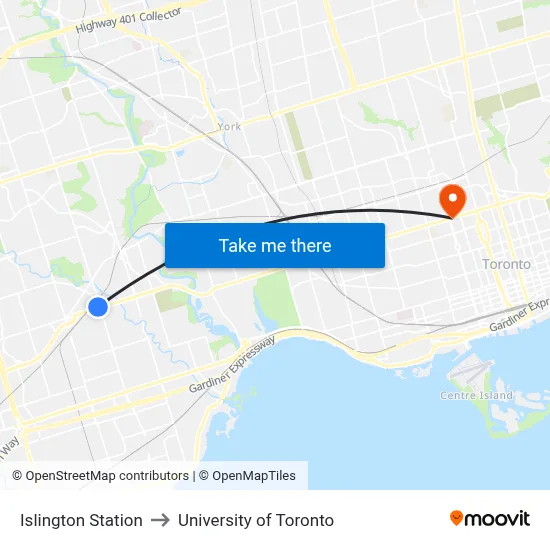 Islington Station to University of Toronto map