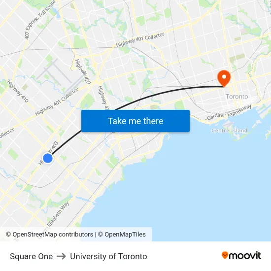 Square One to University of Toronto map