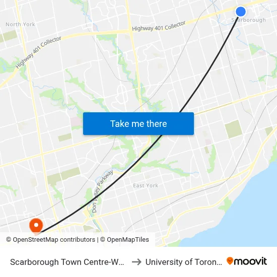 Scarborough Town Centre-West to University of Toronto map