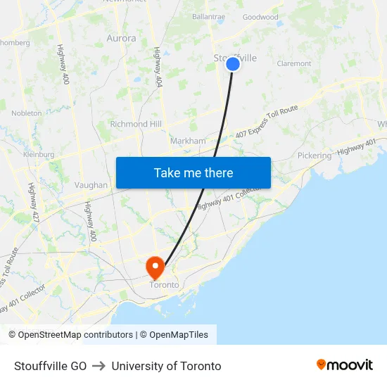 Stouffville GO to University of Toronto map