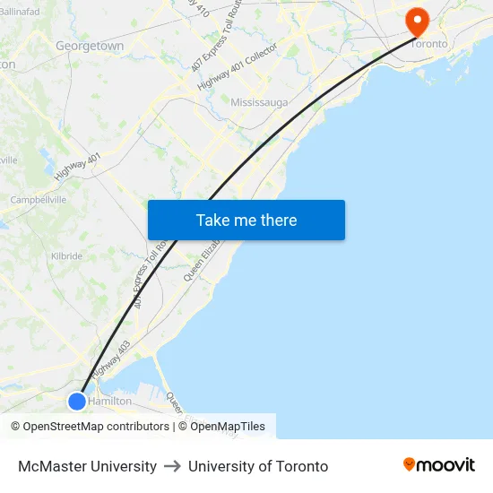 McMaster University to University of Toronto map