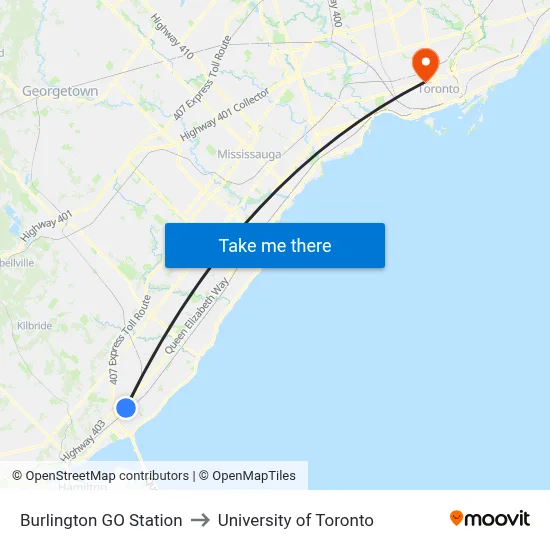 Burlington GO Station to University of Toronto map