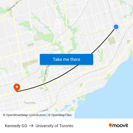 Kennedy GO to University of Toronto map