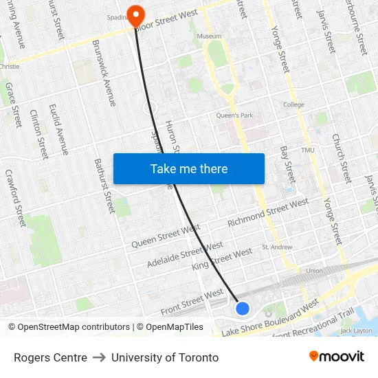 Rogers Centre to University of Toronto map