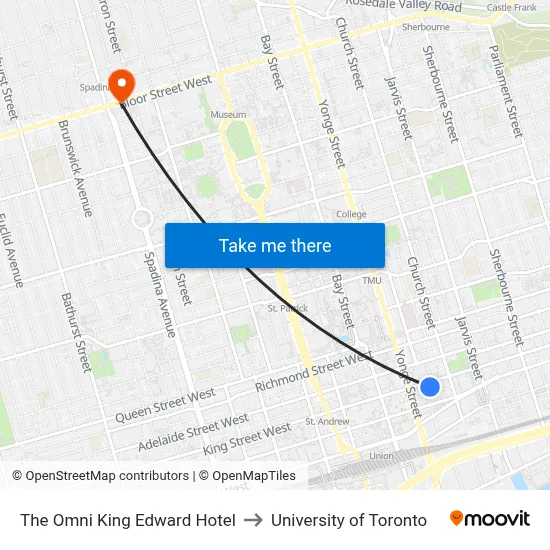 The Omni King Edward Hotel to University of Toronto map