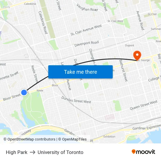 High Park to University of Toronto map