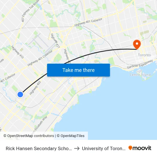 Rick Hansen Secondary School to University of Toronto map