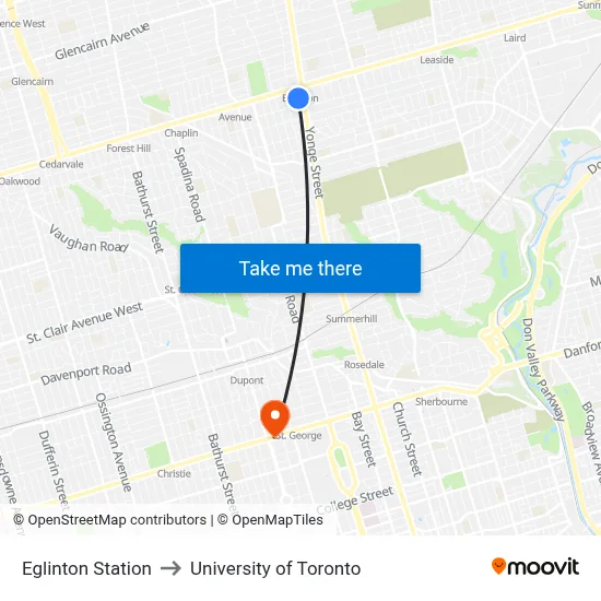 Eglinton Station to University of Toronto map